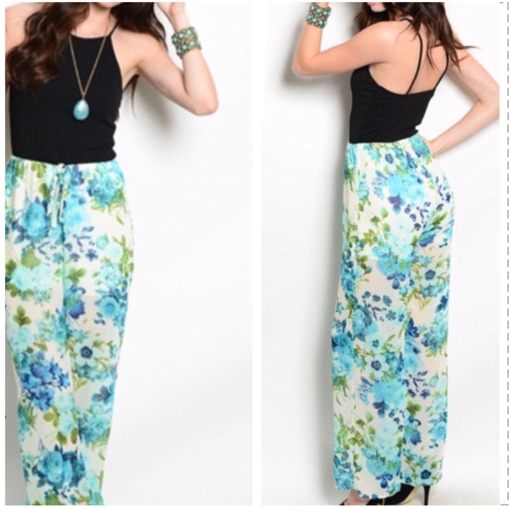 Floral Wide Legs Split Black/ Blue/ Green Jumpsuit